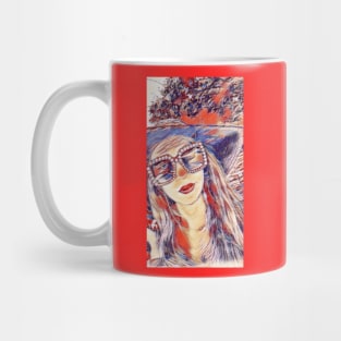 Glamourous Hat Lady in Red Mug